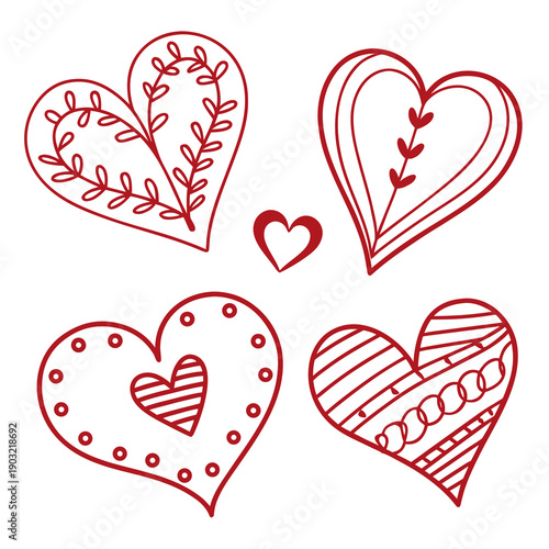 A delightful collection of hand-drawn heart illustrations with intricate patterns and designs. Vector