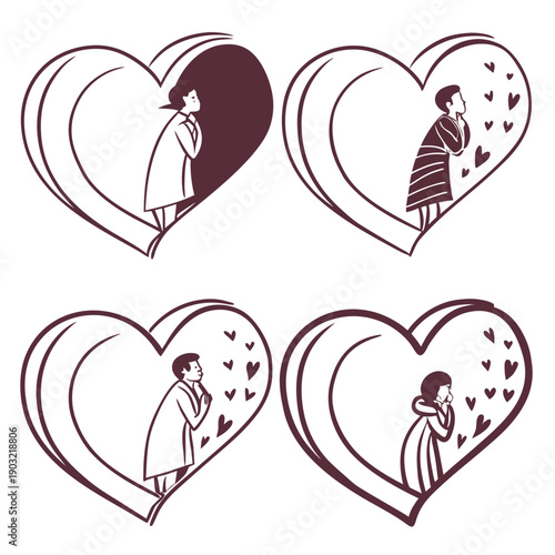 Four heart shapes with different couple illustrations inside each one Vector