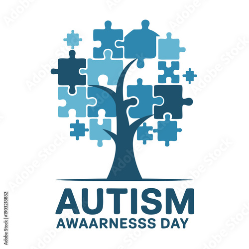 A symbolic illustration depicts a tree formed from puzzle pieces representing autism awareness and acceptance