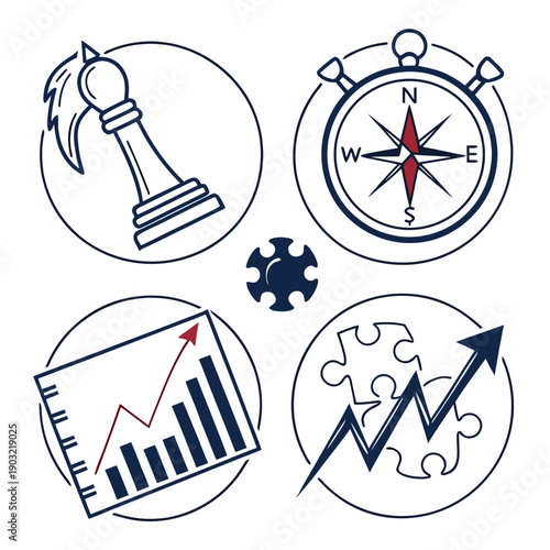 Four icons representing different aspects of business and navigation Vector