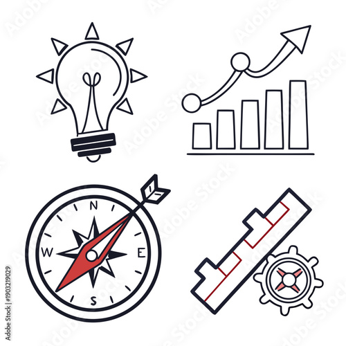 Icons representing various aspects of business and strategy development Vector