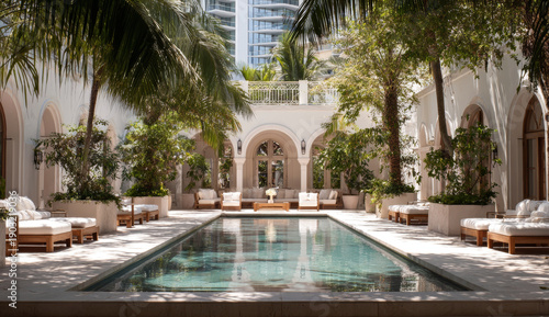 Luxury pool area at aman lila blanca in miami featuring a rectangular swimming pool surrounded by white lounge chairs and lush tropical greenery