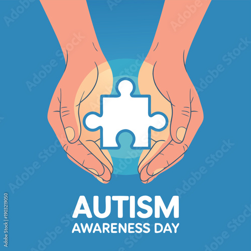 Hands gently cradling a white puzzle piece symbolizing autism awareness and acceptance with a blue glow