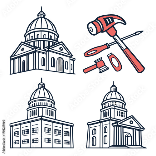 Four different types of buildings with construction tools on top of them. Vector