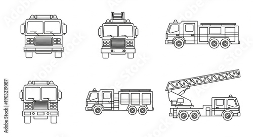 Collection of Fire Truck Illustrations in Various Views.