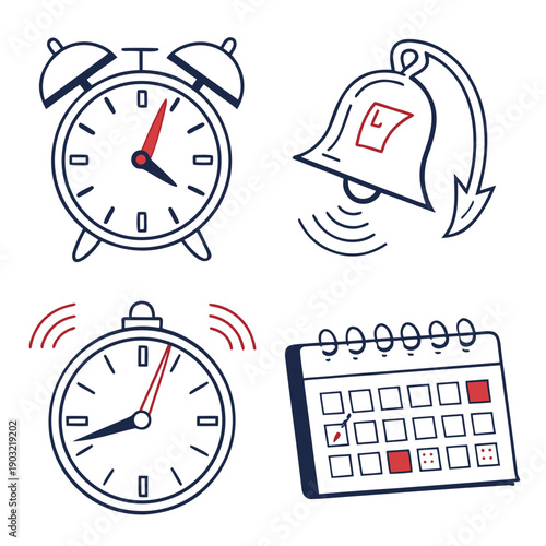 A collection of timekeeping devices including an alarm clock, bell, stopwatch, and calendar. Vector