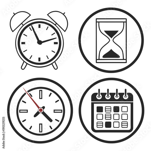 A collection of various timekeeping devices and symbols. Vector
