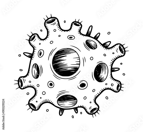 Hand Drawn Black and White Spiky Microbe With Holes And Tubes White Background virus