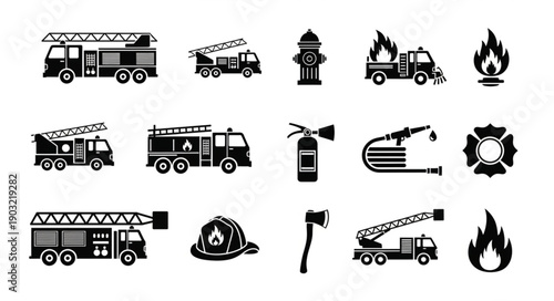 Collection of Firefighter Equipment and Vehicles Icons.