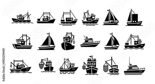Collection of Fishing Boat Icons and Silhouettes.