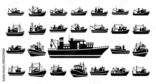 Collection of Fishing Boat Silhouettes Isolated on White Background.