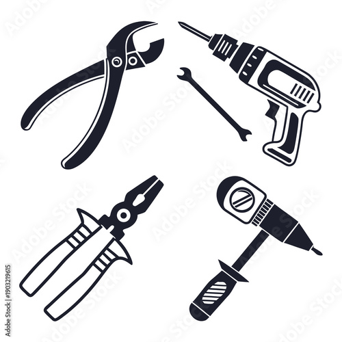 Assorted tools: pliers, screwdriver, wrench, and hammer Vector