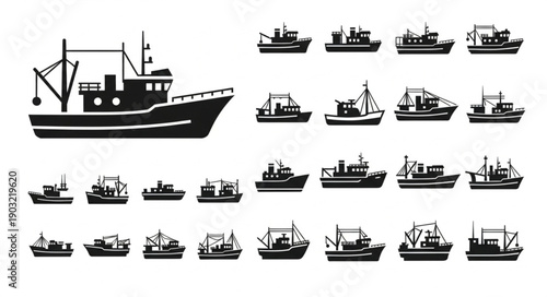 Collection of Fishing Boat Silhouettes Vector Illustration.