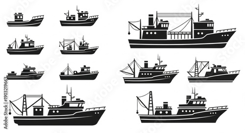 Collection of Fishing Boat Silhouettes Vector Illustration.