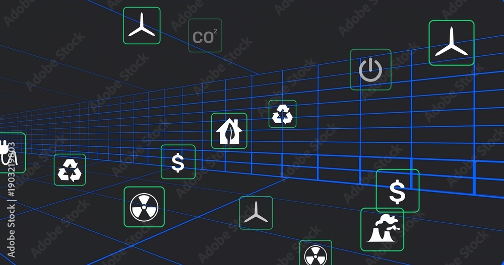 Fototapeta premium Showing wireframe tunnel streaming data in corridor, with wind turbine, CO2, plug icons