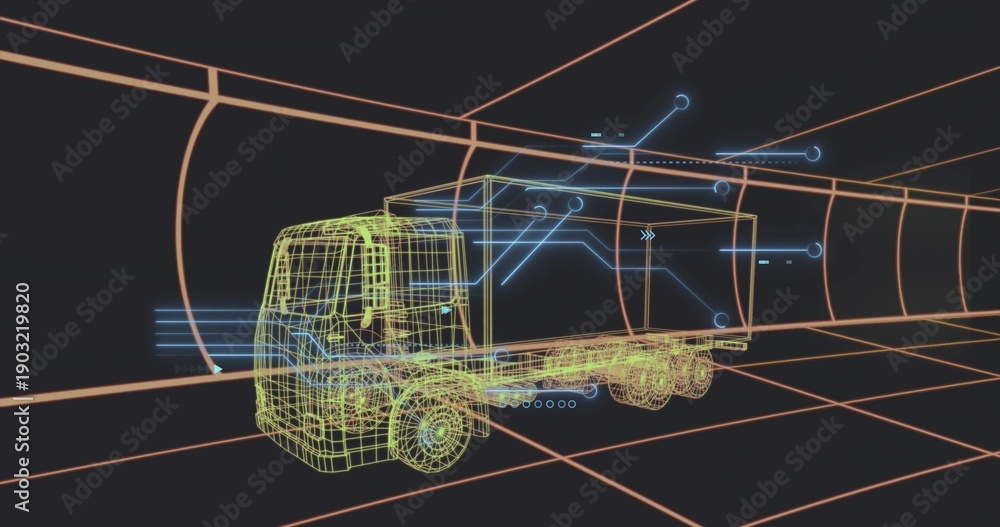 Fototapeta premium Displaying wireframe box truck moving through orange grid tunnel, showing blue HUD overlays