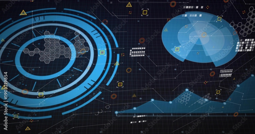 Naklejka premium Displaying concentric rings linking hex clusters to radar dome, line chart on dark grid, copy space