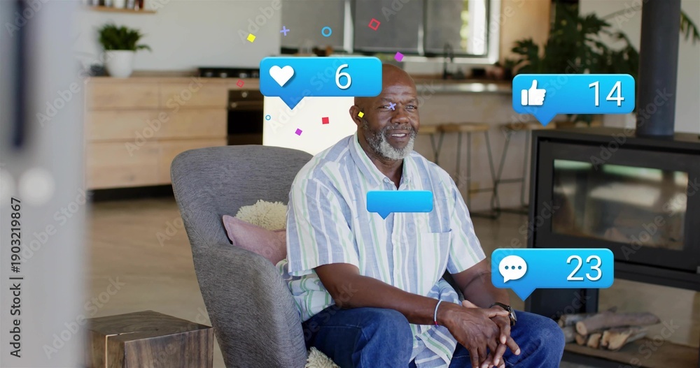 Obraz premium Sitting man in chair wearing striped shirt and jeans in living room showing social media reactions