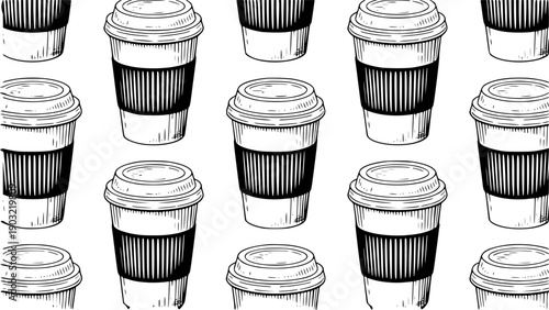Hand Drawn Coffee Cups Pattern Black and White Style Isolated White Background drink