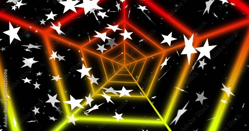 Fototapeta premium Showing neon red tunnel receding into void with white-gray five-point stars, cyan dots, trails
