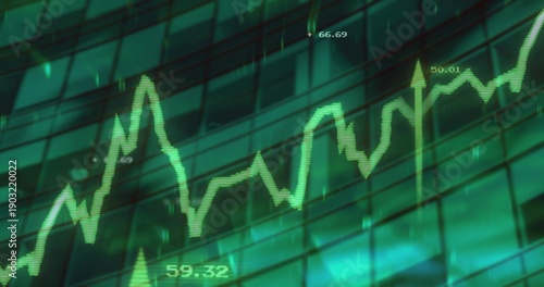 Projecting green trend line running across glass facade grid, showing numeric labels, vertical bars