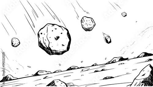 Hand drawn of falling meteors and asteroids over rocky terrain space