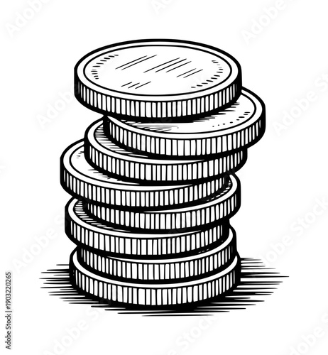 Hand Drawn Stack of Serrated Edge Coins White Background money currency