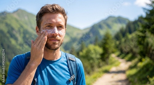 Man applying sunscreen cream to his face while hiking mountain trail. This man applying sunscreen uses white cream for skin protection during outdoor adventure.