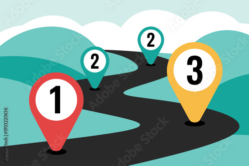Stylized winding road with numbered map pins showing progress and direction through abstract landscape