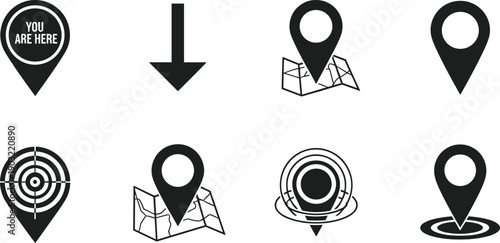 Location pin icon set, map navigation markers and GPS destination symbols in minimal black flat vector style for web apps