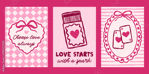 Whimsical Valentines day vector cards set. Vintage retro love print designs with matches, bows, hearts illustration, romantic quotes in coquette frames