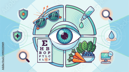 Illustration of an eye examination with health and wellness elements surrounding it, representing vision care and medical checkups