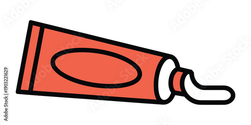 A simple cartoon illustration of a red tube of toothpaste with a black outline, showing a small amount of white paste squeezed out of the nozzle.
