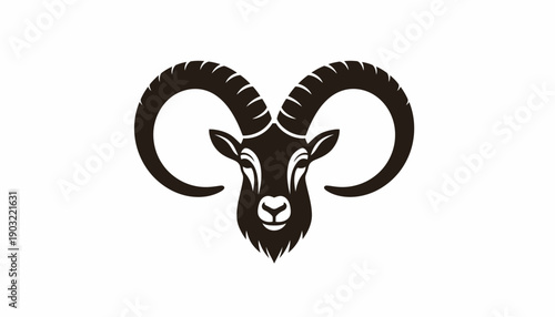 Stylized black and white illustration of a ram's head with large curved horns and a detailed face, suitable for a logo.