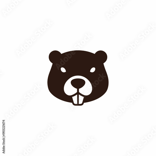 A minimalist dark brown beaver head icon with white eyes and large front teeth on a white background.