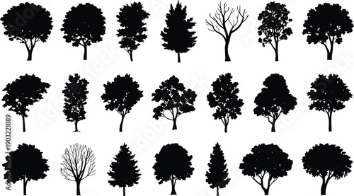 Collection of diverse tree silhouettes isolated on white background, including deciduous and evergreen shapes for nature, forest, and design projects
