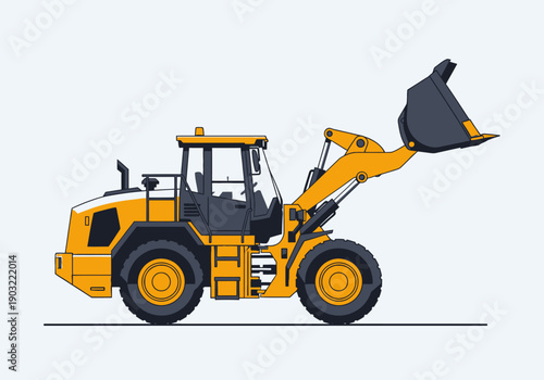 A yellow front-end loader is shown in a side view, possibly on a construction site.