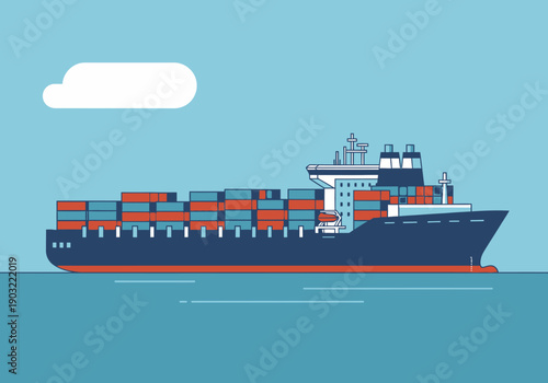Large cargo ship carrying numerous shipping containers sails across the ocean viewed from the side