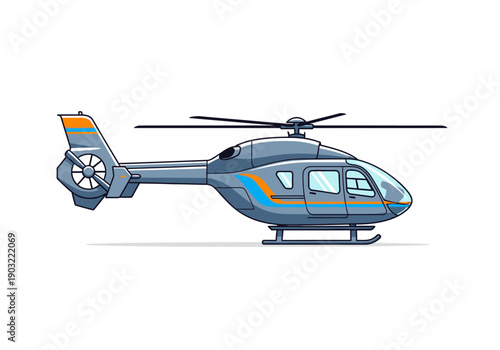 Aerial vehicle illustration of a gray helicopter with orange and blue accents in flight from a side viewpoint