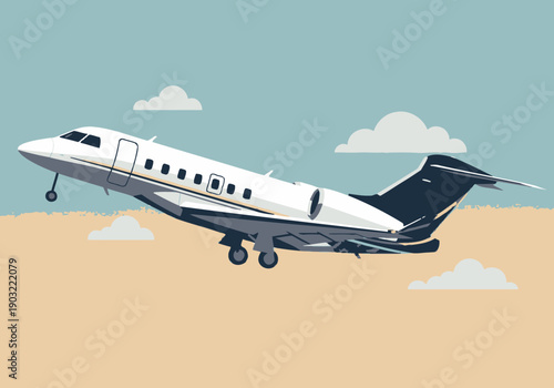 Private jet flying low over sandy beach with clouds in the sky viewed from side