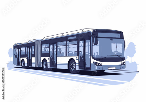 Modern electric bus driving down a city street with trees in the background, viewed from the side