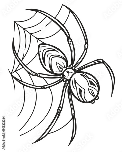 Detailed black widow spider in web, eerie and intriguing