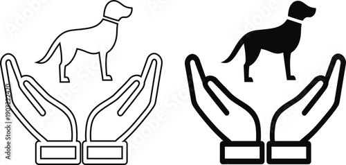 Vector line and silhouette icon of a dog protected by human hands, concept for pet care, animal welfare, and veterinary insurance.