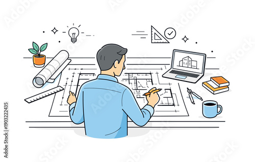 Architectural blueprints. An architect reviewing detailed blueprints spread across a desk, calm focus and professional planning mood. Clean