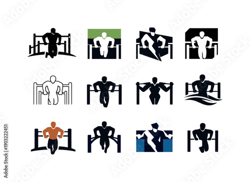 Calisthenics street workouts. Icon set. Set Logo of Calisthenics street workouts: outdoor workout park bars. harmonious logo variations of