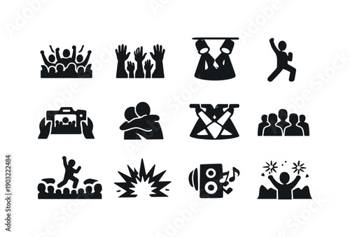 Crowd and Stage Moments. Solid icon set of Crowd and Stage Moments: cheering crowd, raised hands, stage spotlight, performer pose, camera