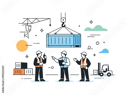 Container port operations. A crane gently lifting a shipping container while workers coordinate below, expressing smooth collaboration and