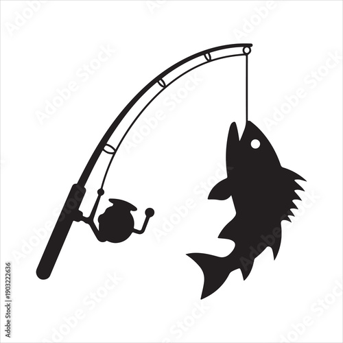 Silhouette of fishing rod with fish hanging on the hook, vector illustration of a fishing rod with a hooked fish silhouette 