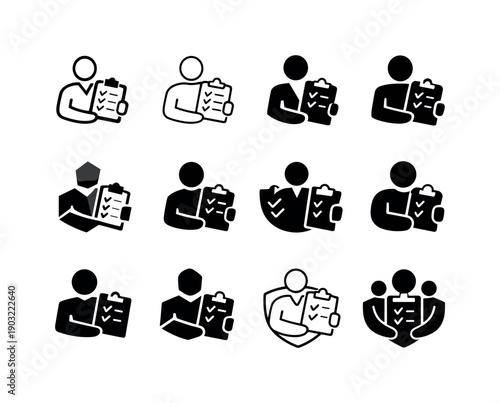 coach with clipboard. Icon set. Set Logo of coach with clipboard: mentor figure with checklist board. harmonious logo variations of the same