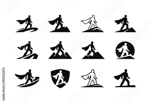 Victorious journey. Icon set. Set Logo of Victorious journey: hero silhouette walking forward. harmonious logo variations of the same